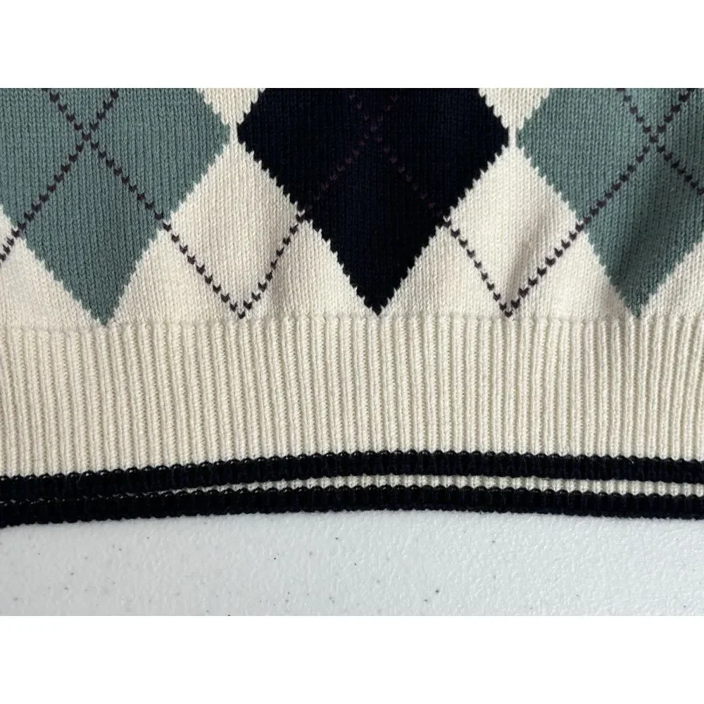 John Ashford Golf Men's Large Cream‎ Green Blue Argyle Long Sleeve Knit Sweater